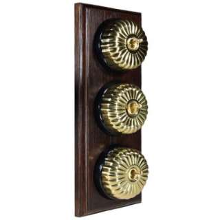 3 Gang 2 Way Dark Oak Wood, Polished Brass Fluted Dome Period Switch